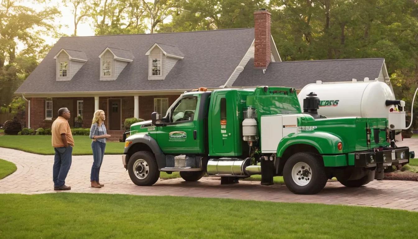 Homeowner talking with a septic provider beside a yard in Fort Worth