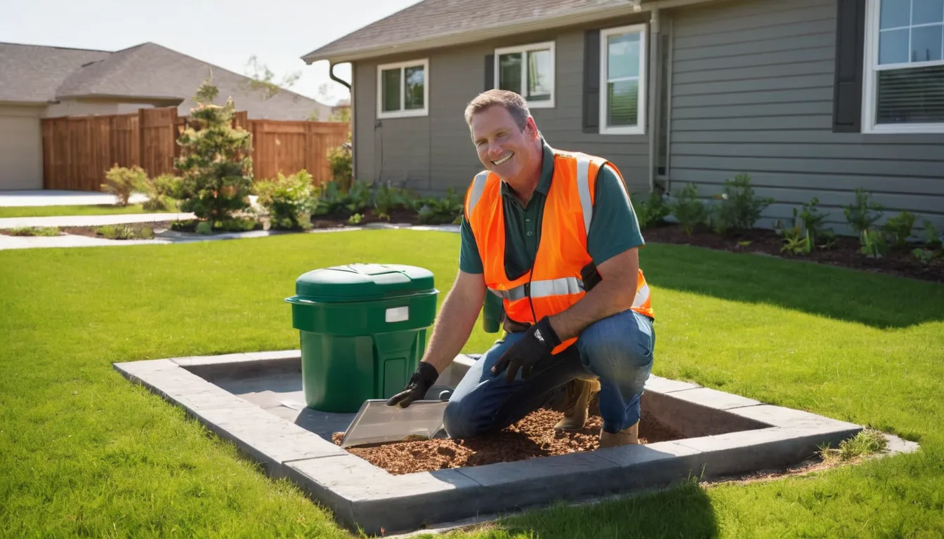 A septic provider checking an access lid in a residential yard in Fort Worth