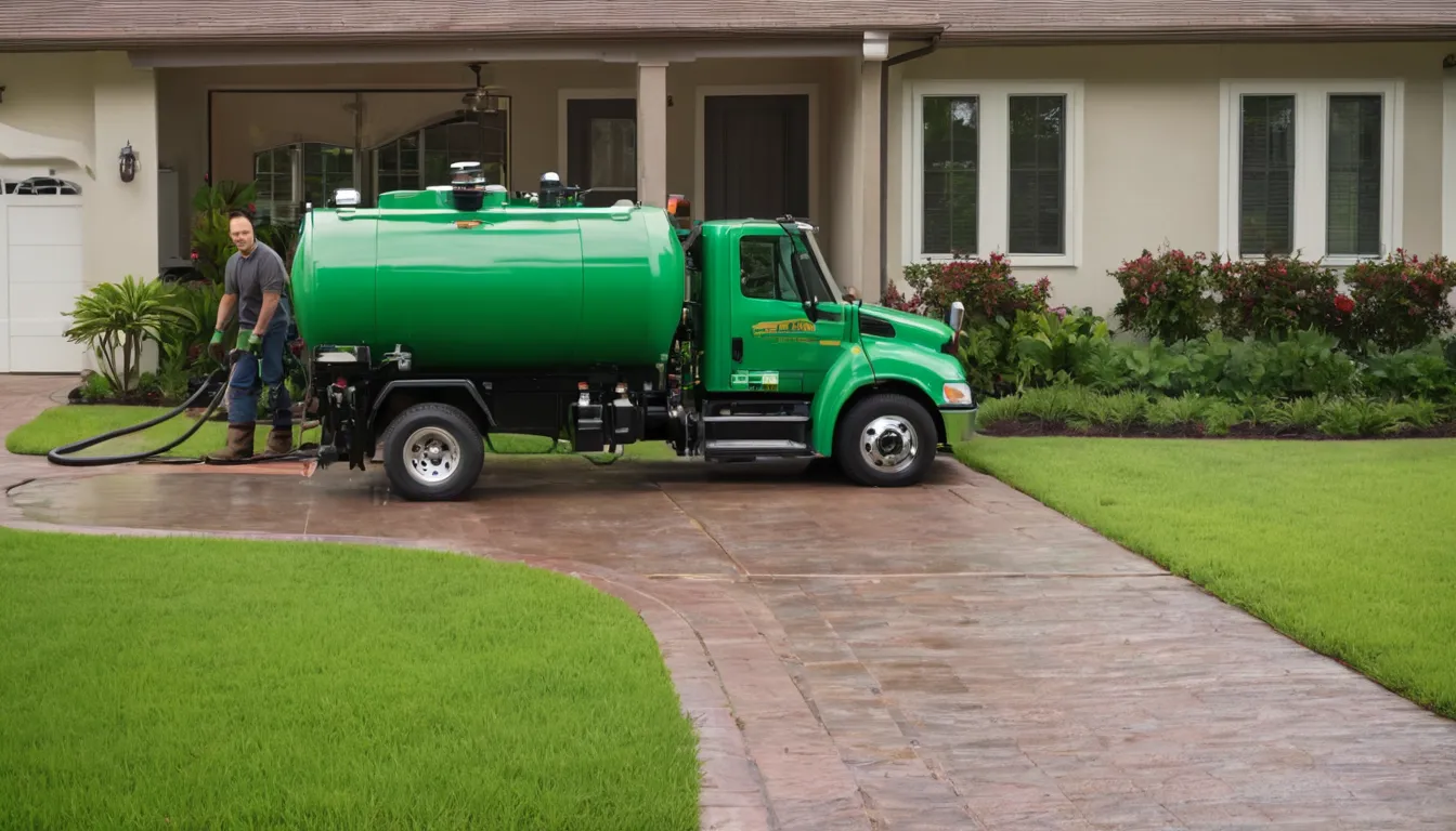 Septic pumping truck parked beside a ranch home in Fort Worth while a provider checks the tank access lid